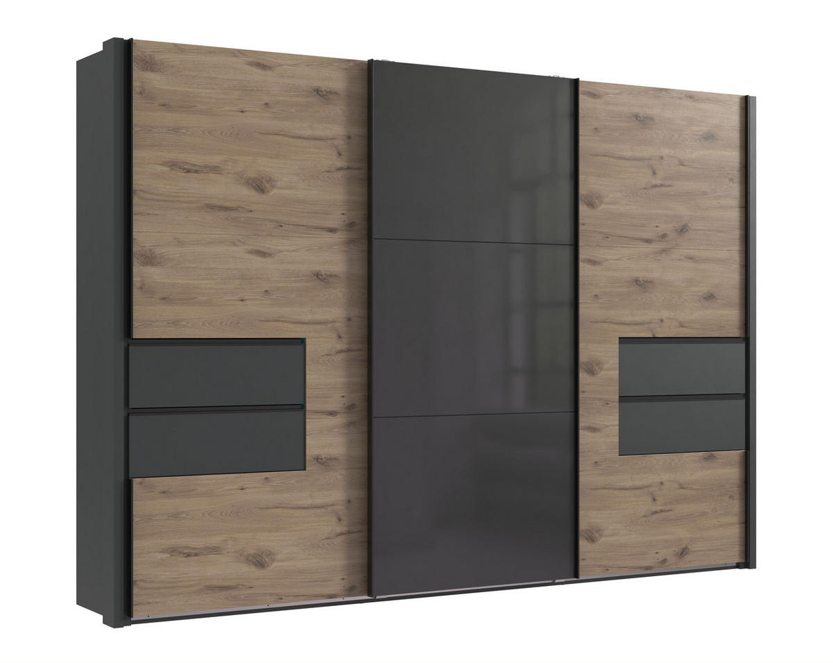 SCHWEBETÜRENSCHRANK B312/H216/T65 cm, Korpus+Passepartout+Schubladen Grafit, Türen eichefarben / Glas Grau / Spiegel, inkl. Vollausstattung / 22065 - Eichefarben/Schwarz, Holzwerkstoff/Metall (312/216/65cm) - luma-home