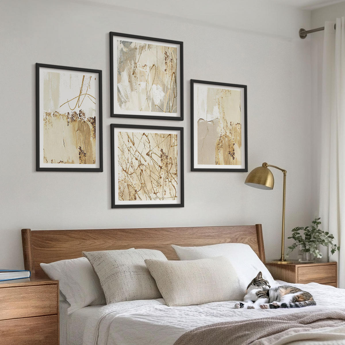 WANDBILDER 4er-Set - 50x50 cm & 40x60 cm Schwarzer Rahmen - Abstrakte Muster beige weiß - Schwarz, Kunststoff (50/50cm) - ArtPrintCave