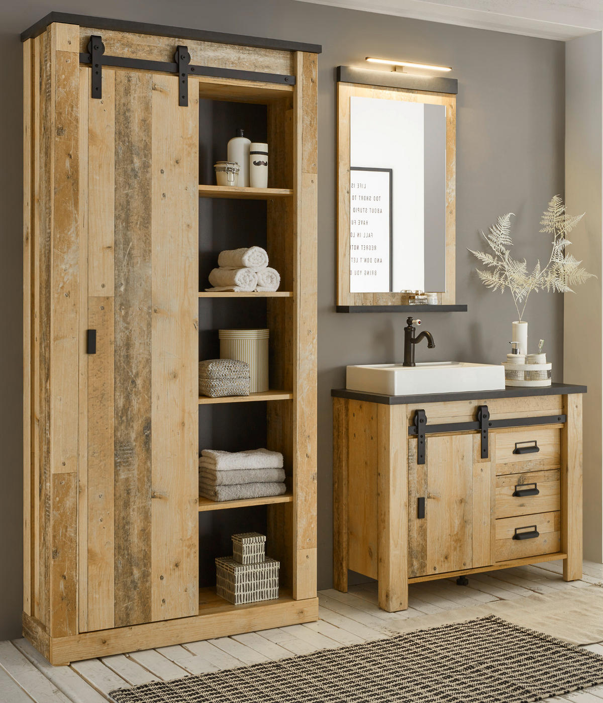 BADMÖBEL-SET 5-teilig, Used Wood hell, anthrazit, Badkombination mit Waschbecken LED Spiegellampe - Eichefarben/Anthrazit, Holzwerkstoff/Metall (208/210/43cm) - Furn.Design