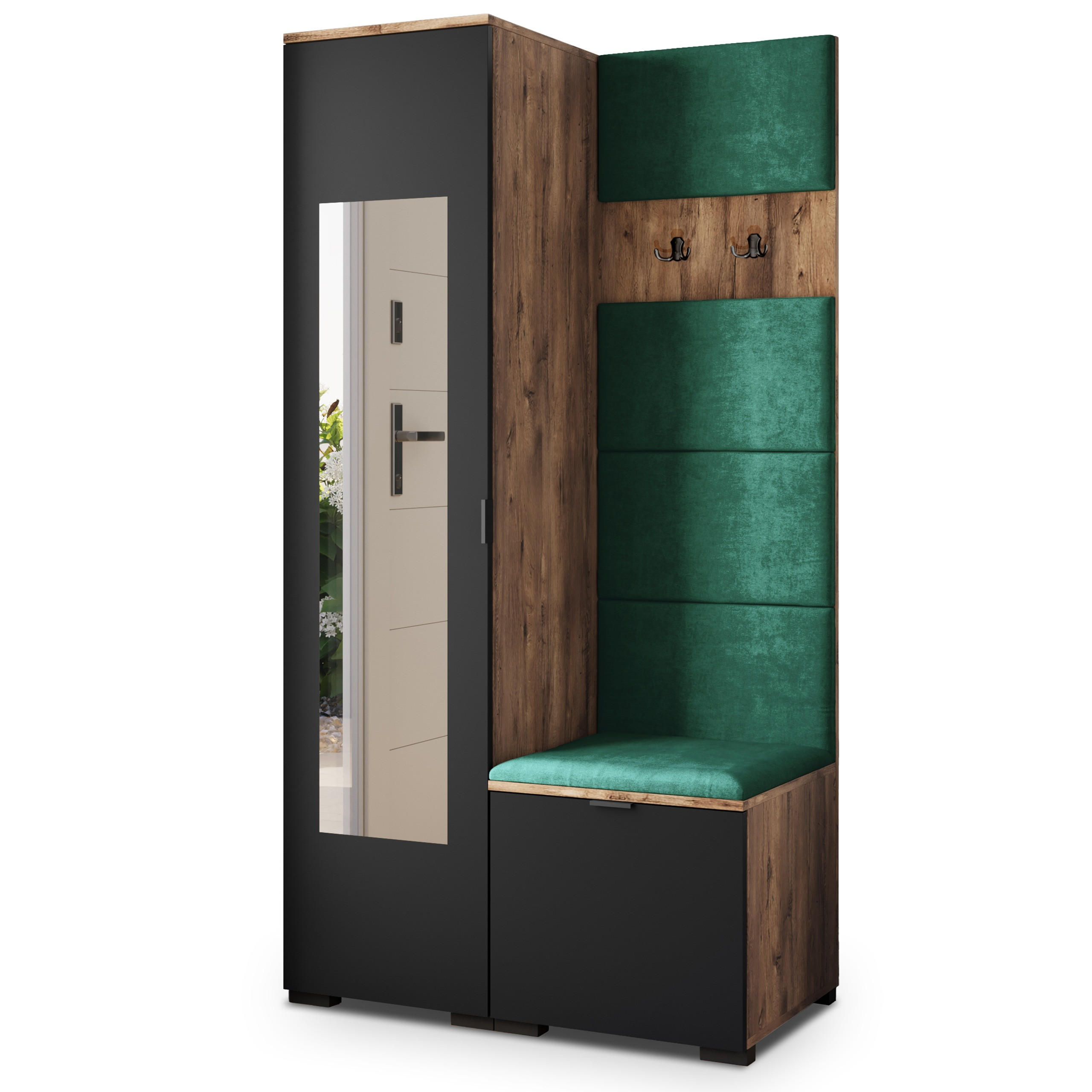 Masseno Garderobenschrank Eiche, Schwarz, Grün 95x181x51 cm