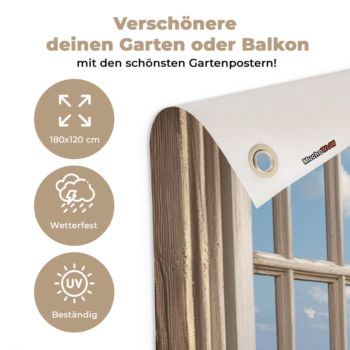 ZAHRADNÍ PLAKÁT Pohled - Pláž - Okno - Duny - Moře 180x120 cm - světle modrá, plast (180/120/0.2cm) - OnlyWow