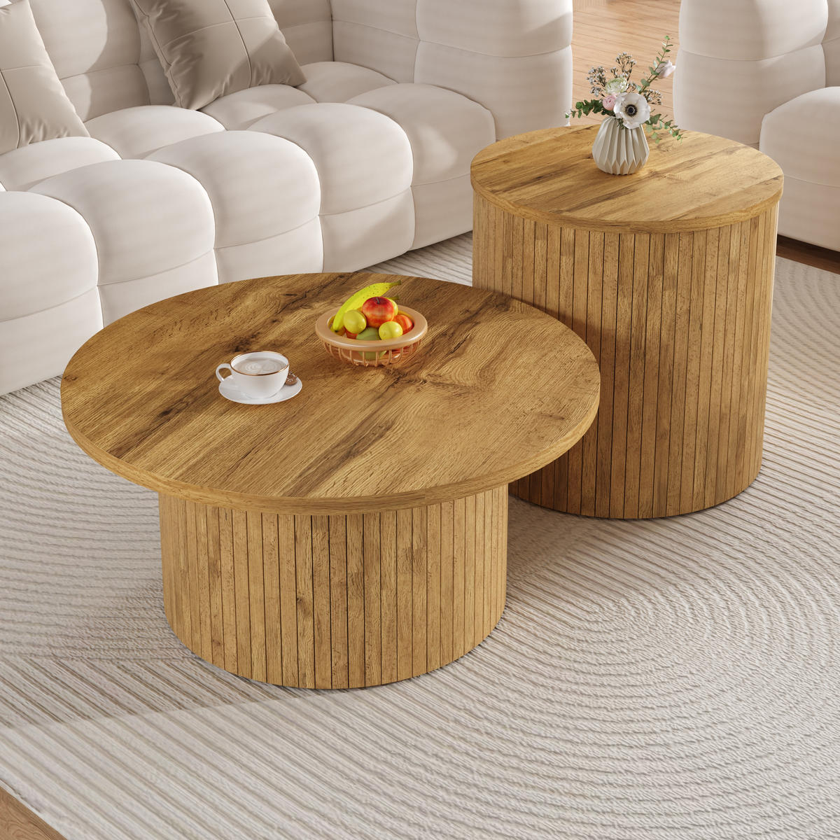 COUCHTISCH Rund Doppelt Naturholzlatten Multifunktion - Naturfarben, Holzwerkstoff (75/75/36cm) - FLIEKS