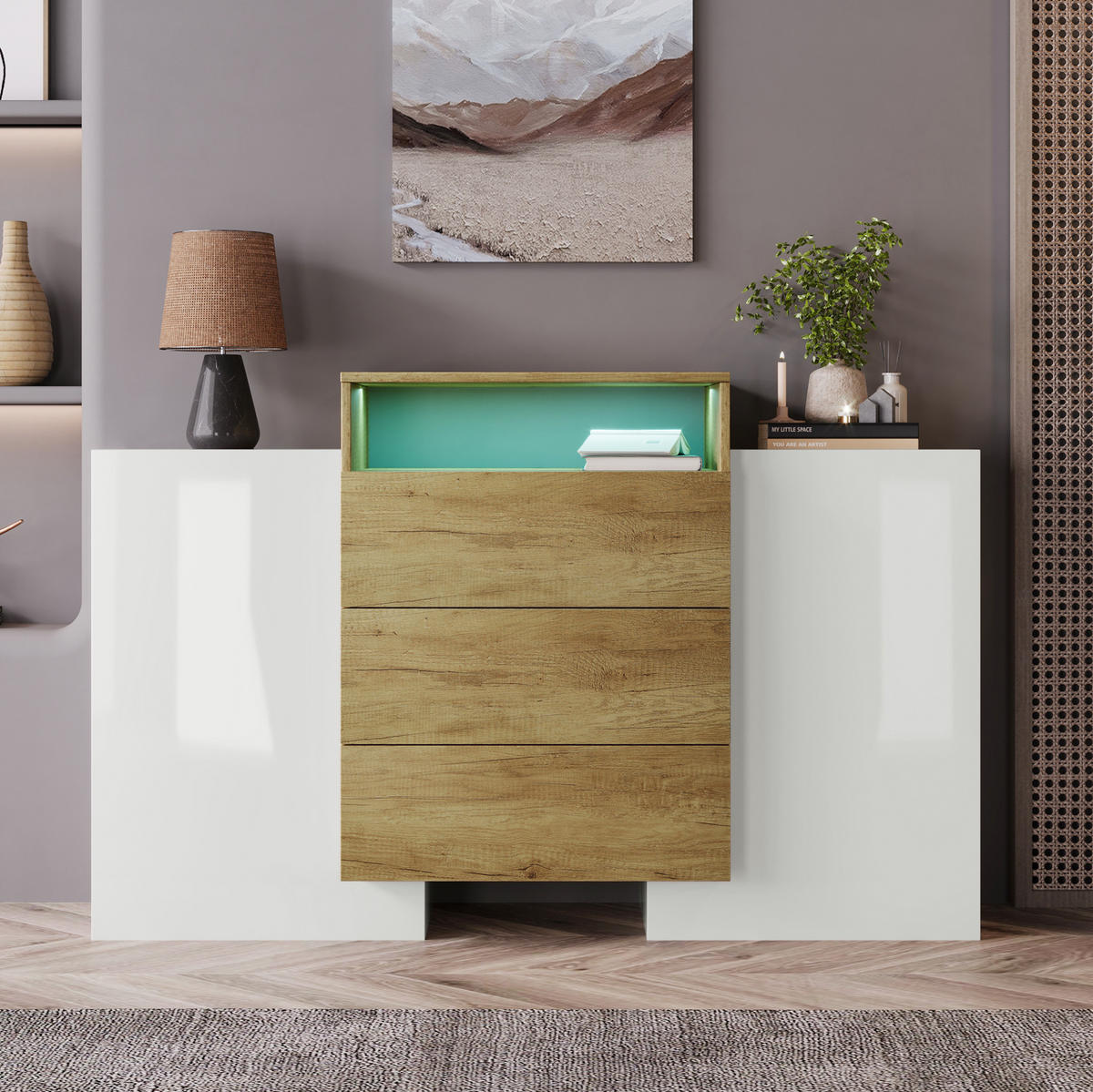 KOMMODE aus MDF 140x30x77,5cm in Natur mit LED-Lichtstreifen - Naturfarben, Holzwerkstoff (140/77.5/30cm) - Modfu