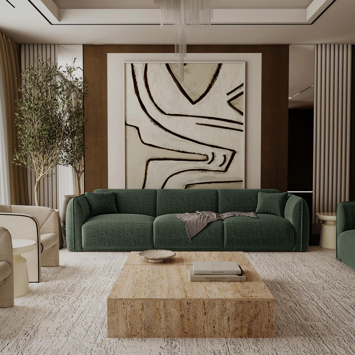 SOFA LUSH Köpergewebe mit weichem Griff Khaki-Grün 235cm - Dunkelgrün/Olivgrün, Textil (235/72.5/90cm) - Premium Interiors