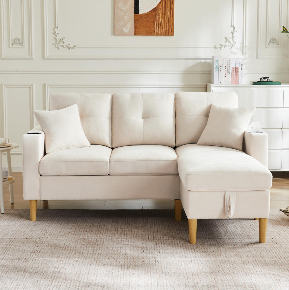 SOFA mit Chaiselongue und Stauraum 175 x 129 cm Beige 2 Kissen - Beige, Holz (129/175cm) - Meubliv