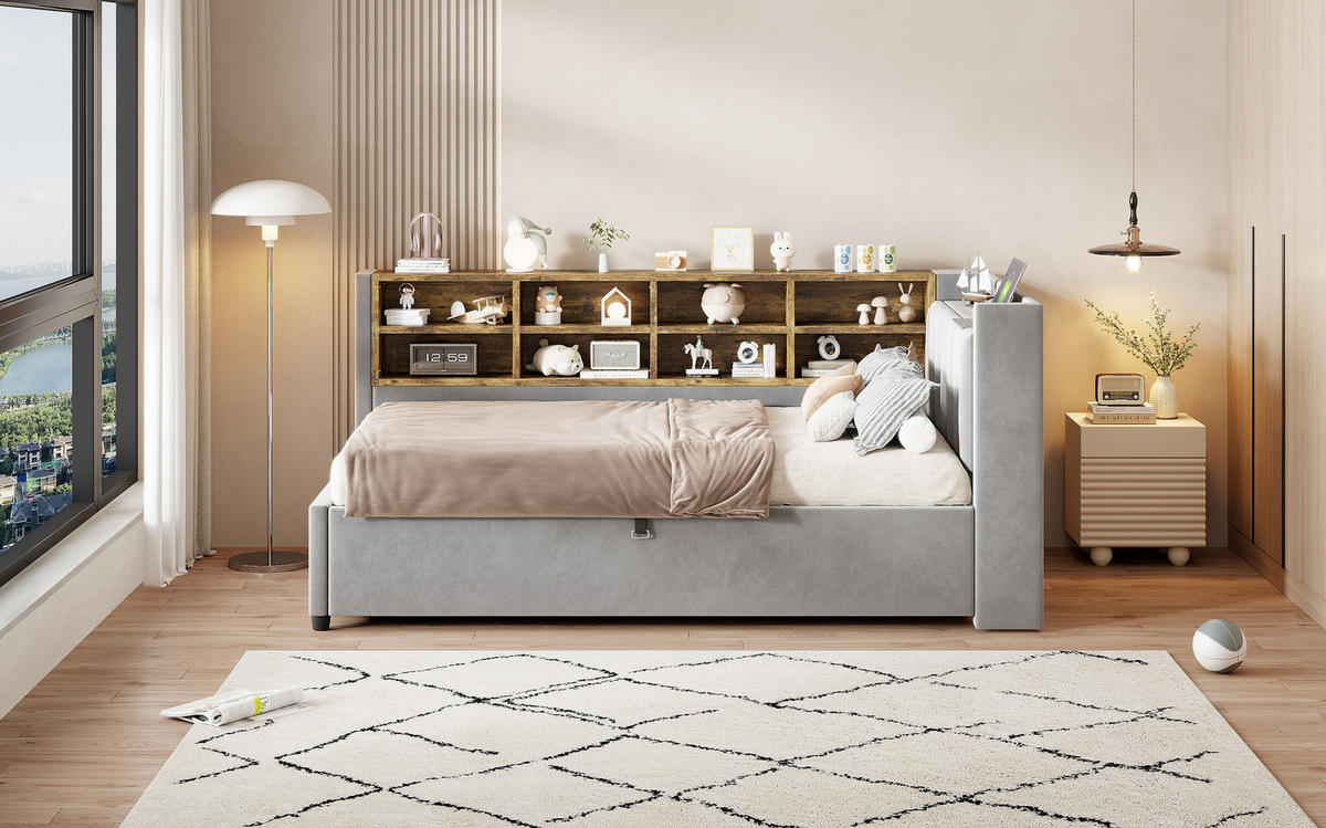 POLSTERBETT 90/200 cm Hellgrau aus Samt mit Stauraum - Hellgrau, Textil (90/200cm) - OKMYHOME