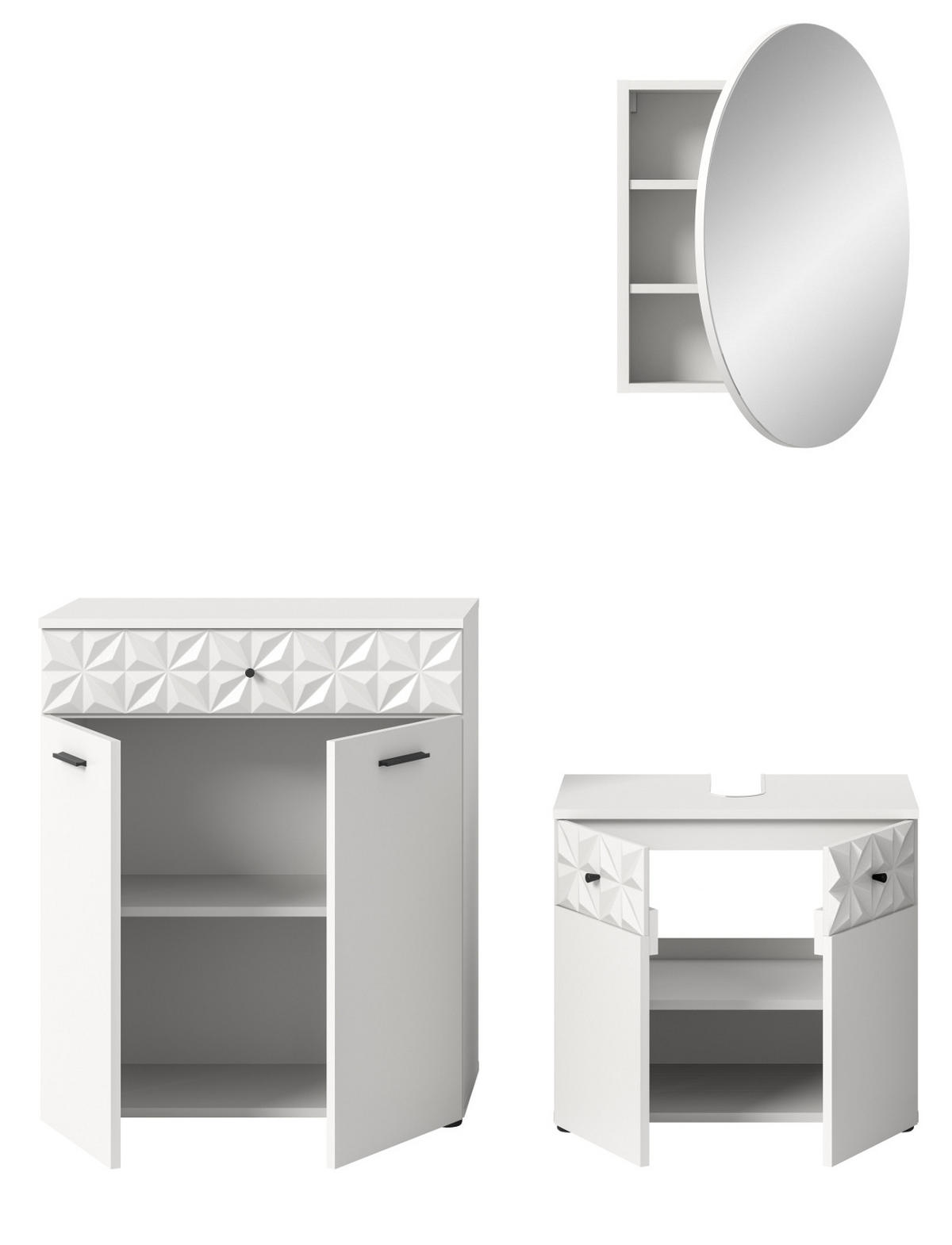 BADMÖBEL-SET weiß Hochglanz 3-teilig 155 cm, Komplettset mit 3D-Struktur - Weiß Hochglanz, Glas/Holzwerkstoff (155/187/37cm) - Inn.Furn