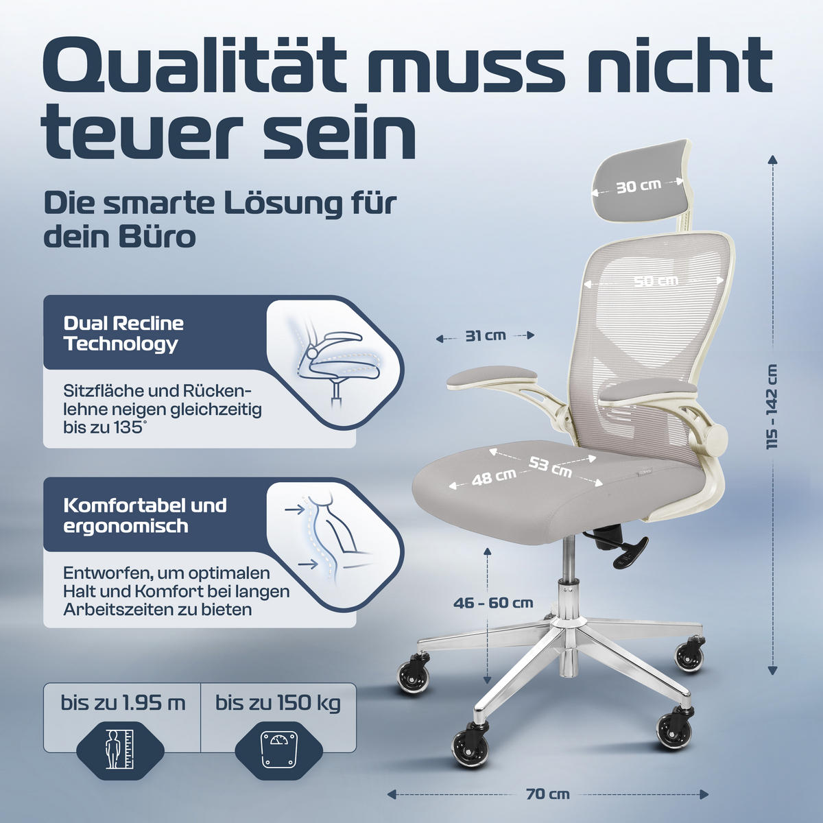 BÜROSTUHL SmartSeat Creme-Weiß - Beige/Silberfarben, Kunststoff/Textil (70/142/70cm) - Clouvou