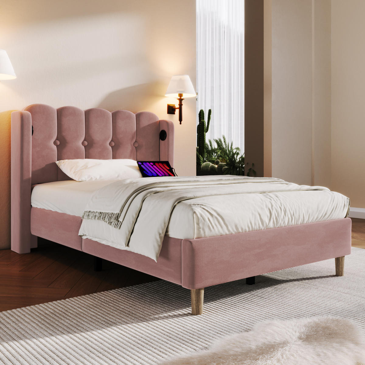 POLSTERBETT 90/200 cm mit USB- & Typ-C-Anschluss, Samtbezug in Rosa, Design-Kopfteil, Rosa - Rosa, Textil (90/200cm) - Redom
