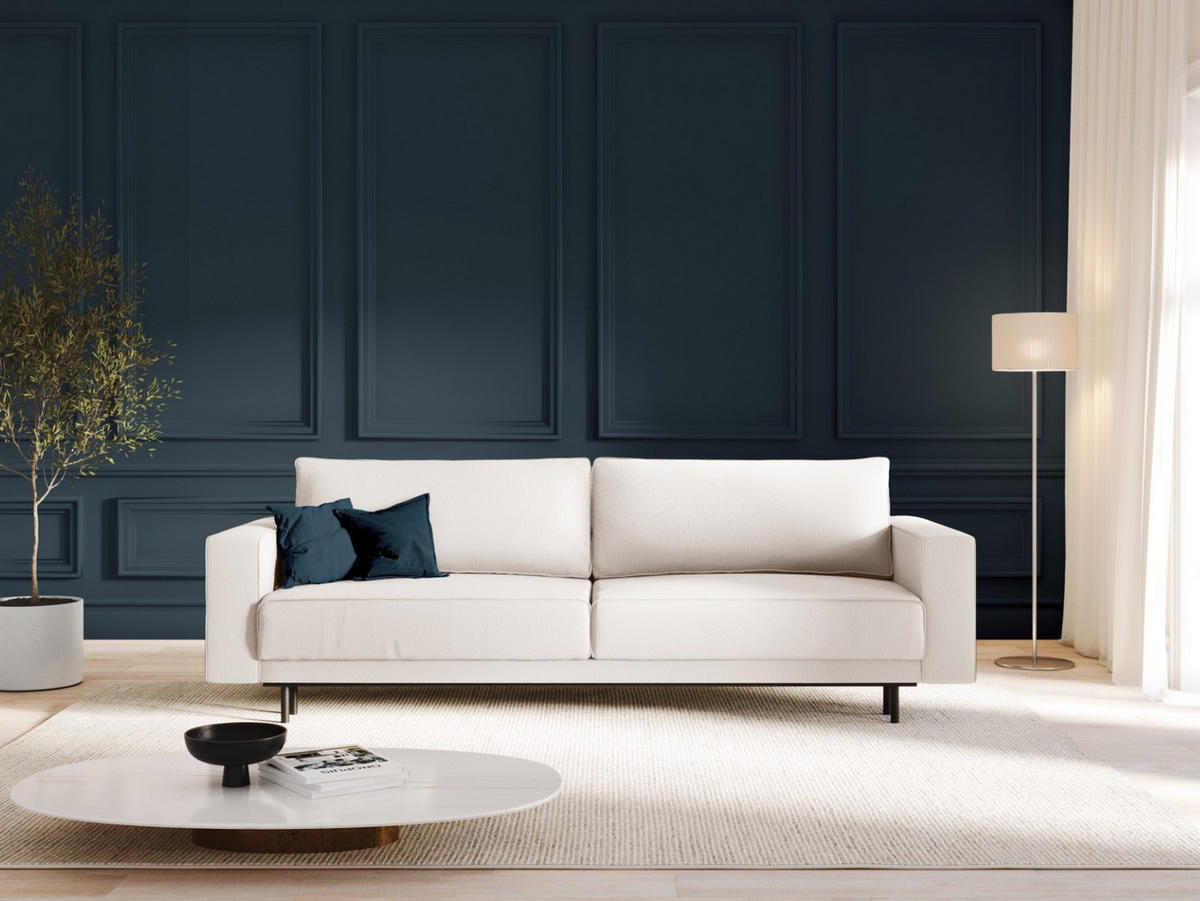 AUSKLAPPBARES-SOFA mit Bettkasten Caro aus strukturiertem Stoff leichtes beige 3 Sitzplätze - Beige, Textil (97/93/236cm) - Micadoni