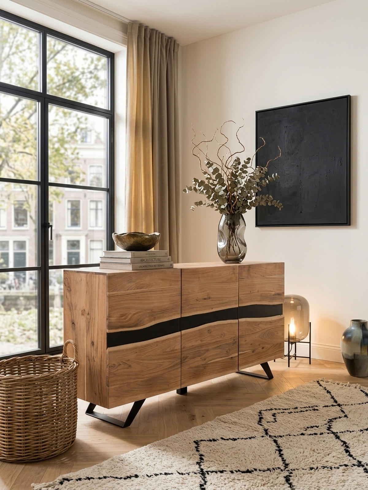 SIDEBOARD – Akazie Massivholz, 148x85x43 cm, Baumkante, Landhausstil, breit - Schwarz/Braun, Akazienholz/Holz (148/85/43cm) - KADIMA DESIGN
