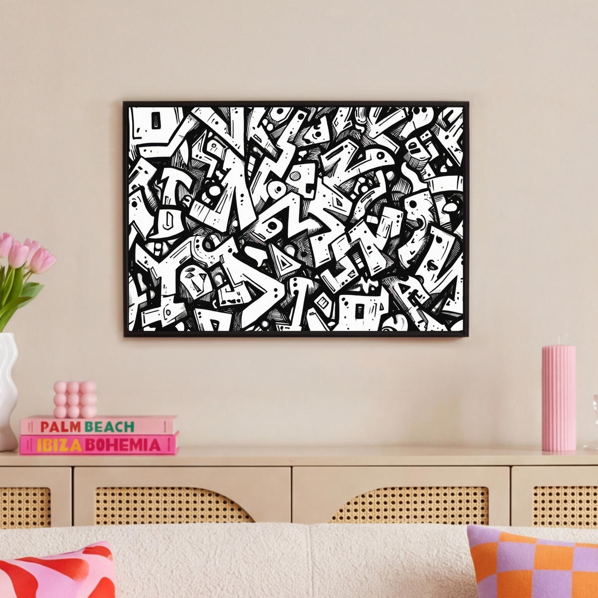 LEINWAND Bilder mit Rahmen - Formen - Buchstaben - Graffiti - Schwarz - 60x40 - Schwarz, Textil (60/40cm) - MuchoWow