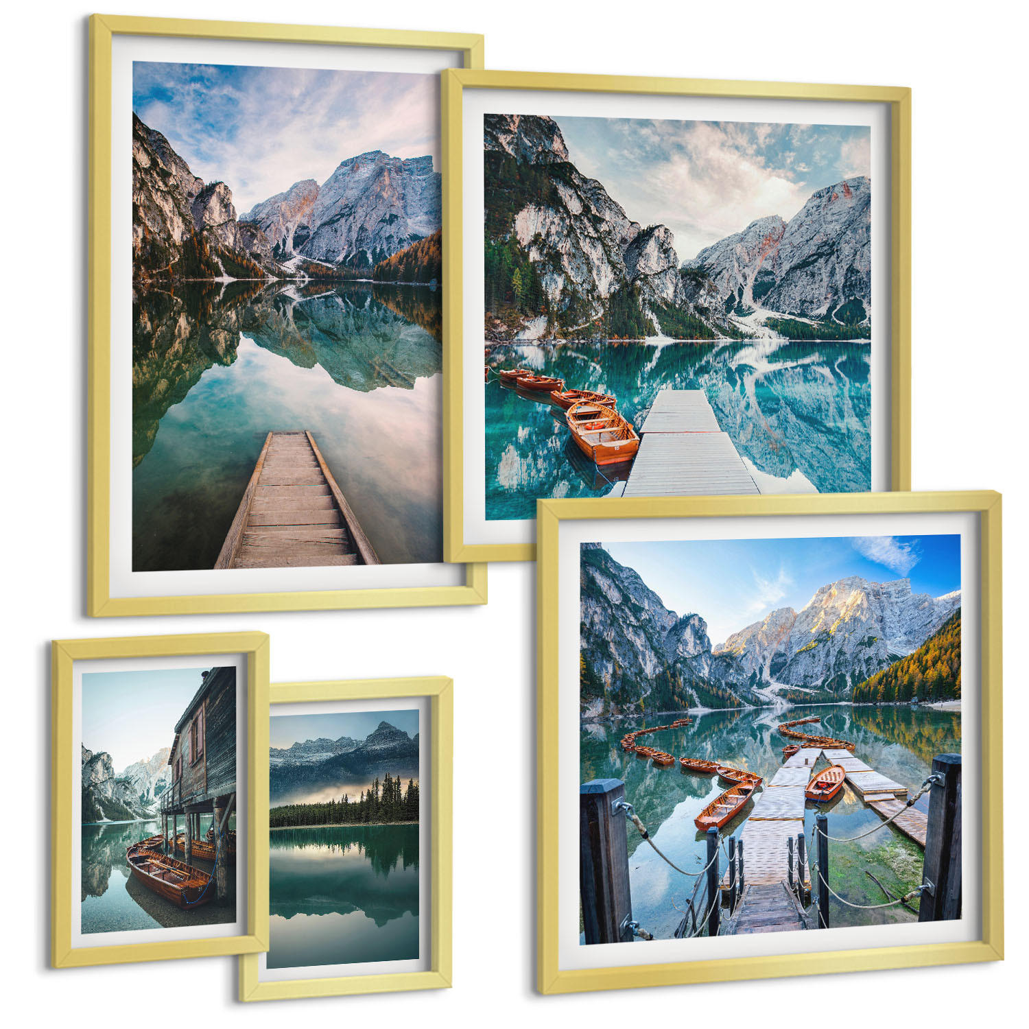 BILDER SET 5er Set - 50x50 cm & 20x30 cm & 40x60 cm Goldrahmen - See Berge Holzboote - Goldfarben, Kunststoff (40/60cm) - TULUP