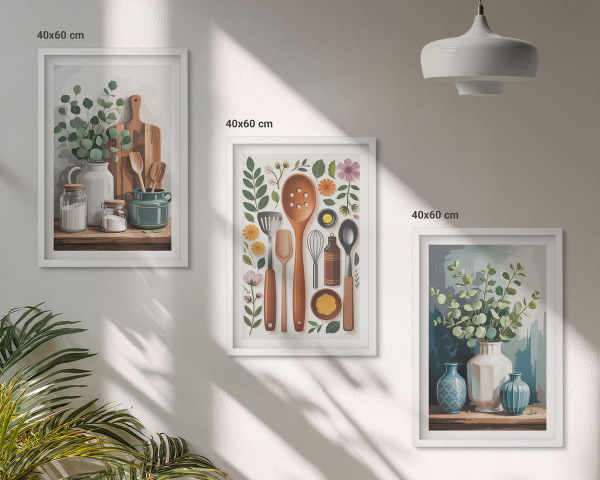 BILDER SET 3er Set - 40x60 cm Weißer Rahmen - Küchenaccessoires auf pflanzlicher Basis - Weiß, Kunststoff (40/60cm) - TULUP