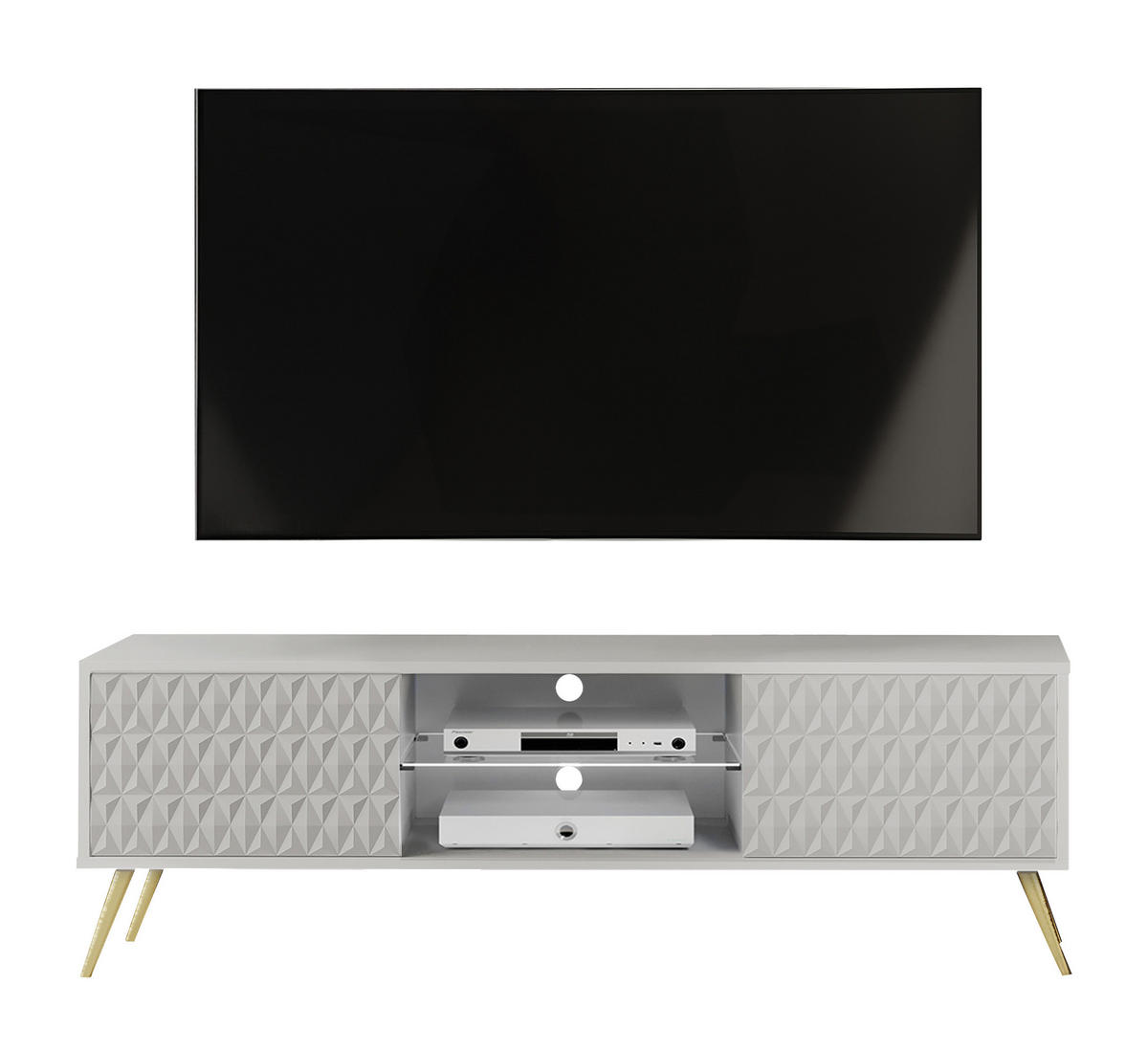 LOWBOARD Delvine 2T Weiß 135/45/31.6 cm – mit offener Ablage und Kabeldurchlass - Goldfarben/Weiß, Holzwerkstoff (135/45/31.6cm) - AX Living