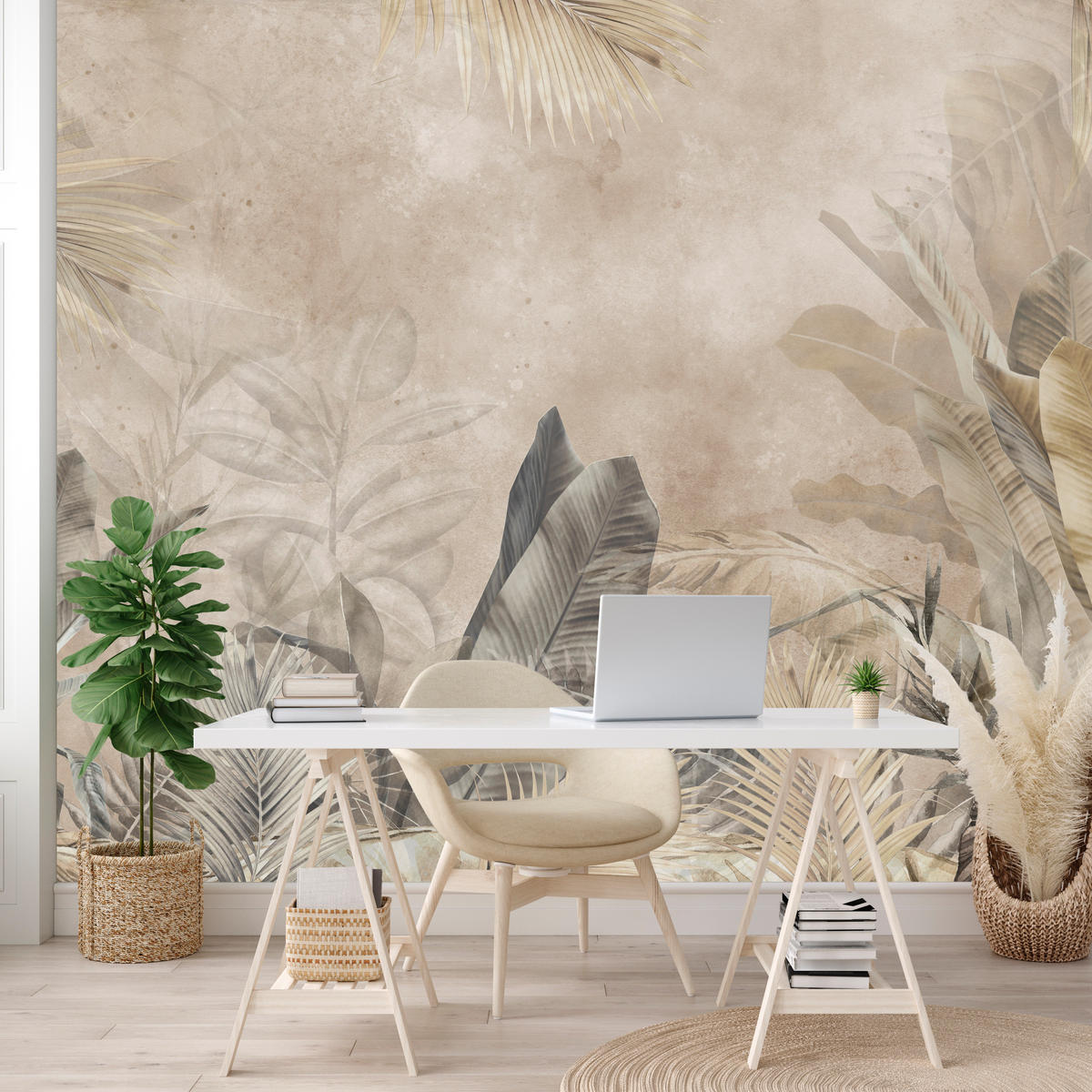 FOTOTAPETE für Schlafzimmer Bananenblätter auf Beton Tropisch Beige 150x105 - Beige/Braun, Papier (150/105cm) - Muralo