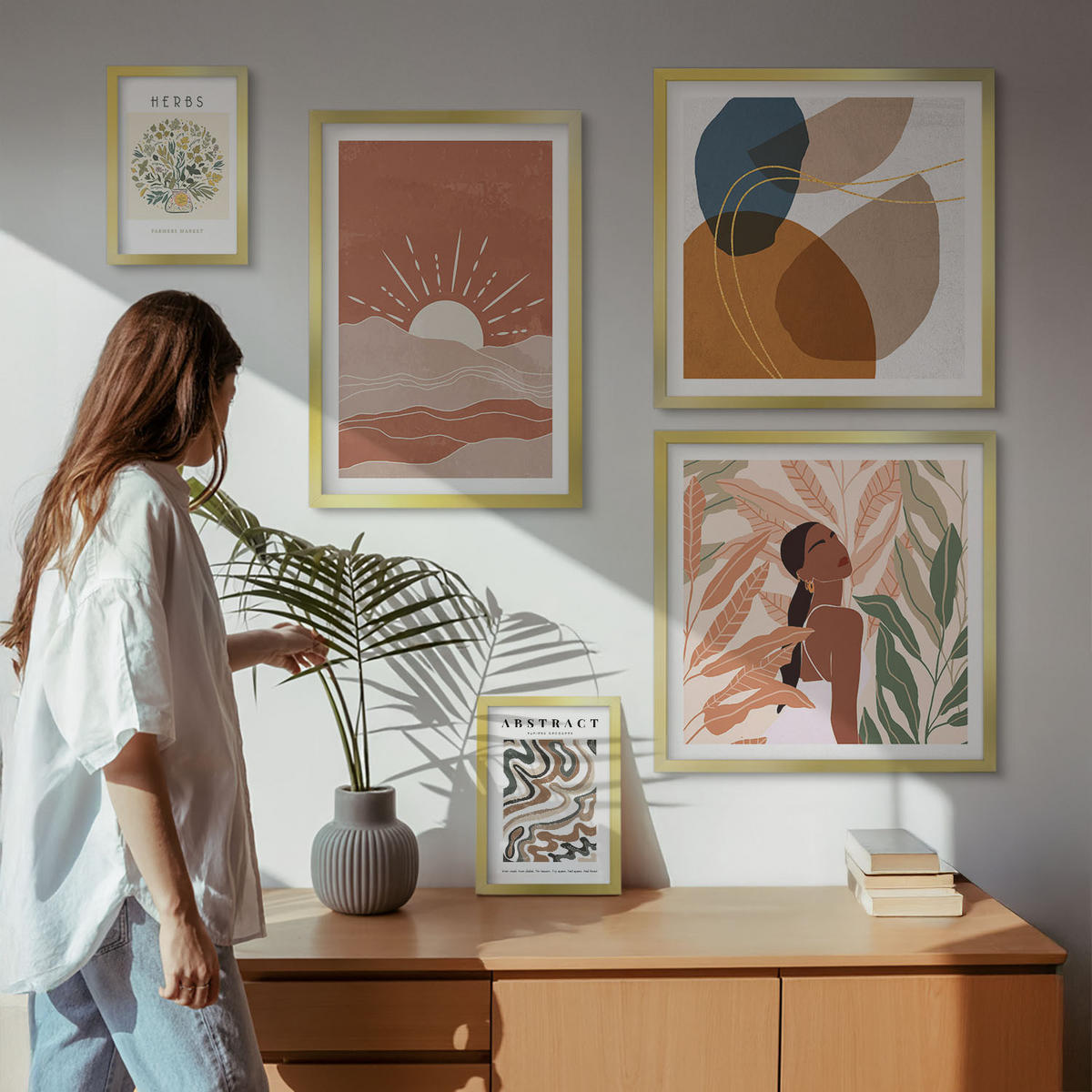 BILDER SET 5er Set - 50x50 cm & 20x30 cm & 40x60 cm Goldrahmen - Boho-Ästhetik, Pastellposter - Goldfarben, Kunststoff (40/60cm) - TULUP
