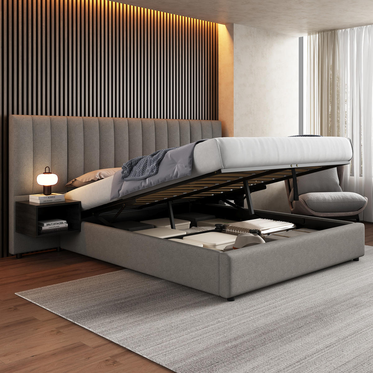 POLSTERBETT 160/200 cm grau aus Leinen mit Hydraulik-Stauraum und 2 Nachttischen - Grau, Textil (160/200cm) - OKWISH