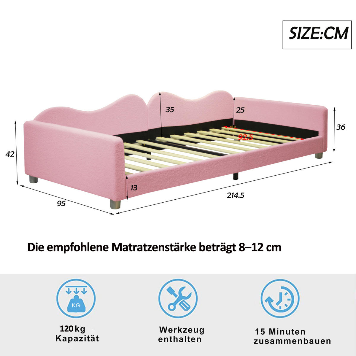 KINDERBETT 90/200 cm aus Teddystoff mit Rückenlehne und Armlehnen Rosa - Rosa, Textil (90/200cm) - Modenvie