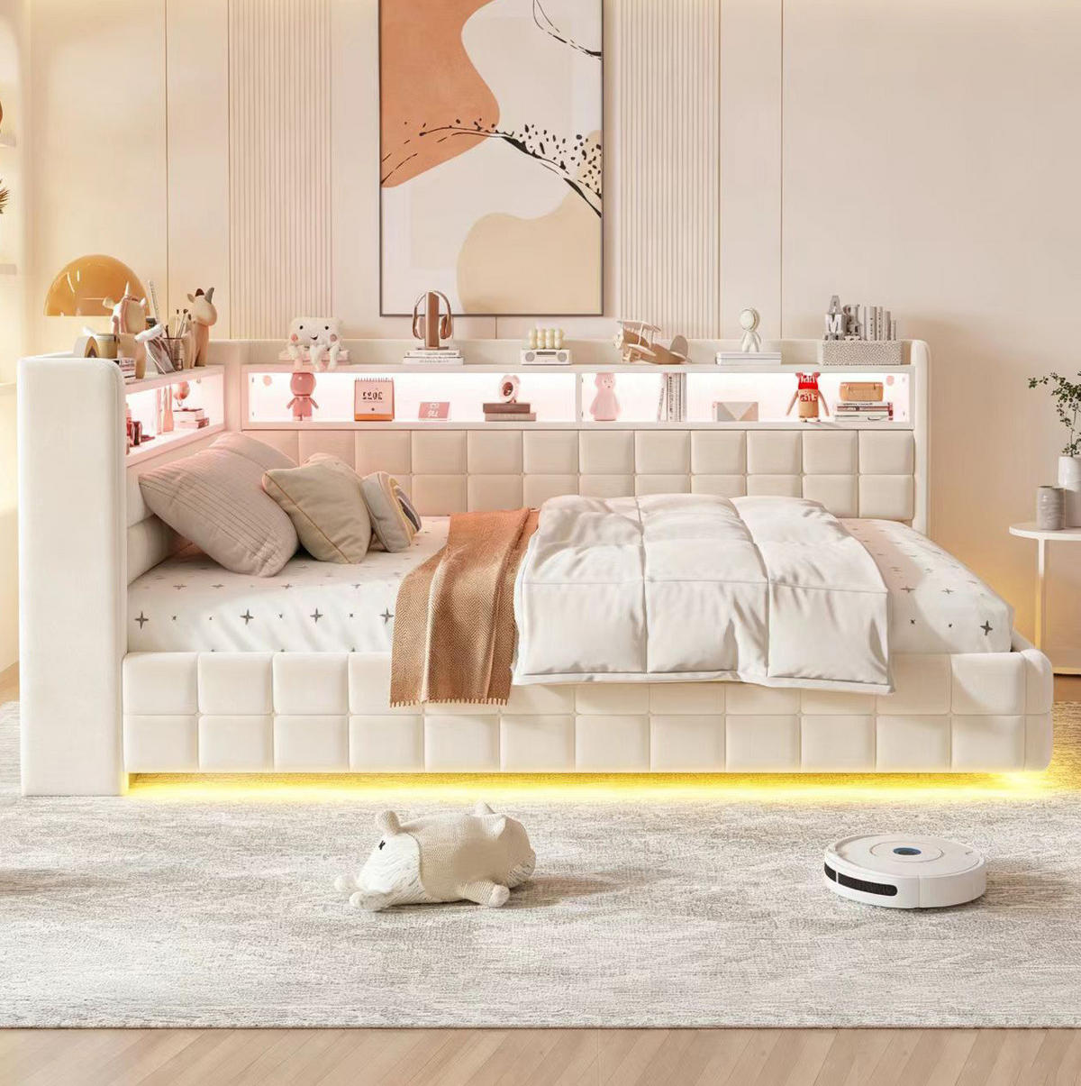 POLSTERBETT 140/200 cm aus Samtstoff mit Stauraum und LED-Beleuchtung, Beige - Beige, Textil (140/200cm) - OKMYHOME