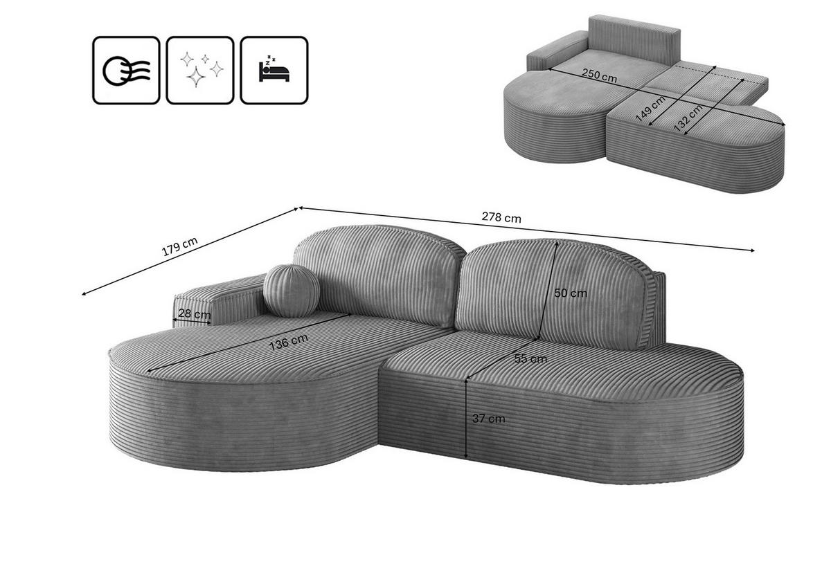 ECKSOFA mit Schlaffunktion und Bettkasten Modena Runden stoff Poso Silber Links - Silberfarben, Holz/Textil (179/278cm) - Kaiser Möbel