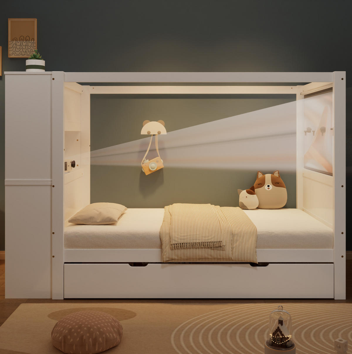 KINDERBETT 90/200 cm mit Fallschutz, Stauraum, 5 Schubladen und Schreibtisch, Holzwerkstoff/MDF, Weiß - Weiß, Holzwerkstoff (90/200cm) - Redom