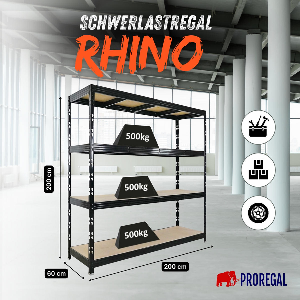 SCHWERLASTREGAL Rhino 200x200x60 cm 4 Spanplatten-Ebenen 8mm Fachlast 500 kg Schwarz - Schwarz, Metall (200/200/60cm) - PROREGAL