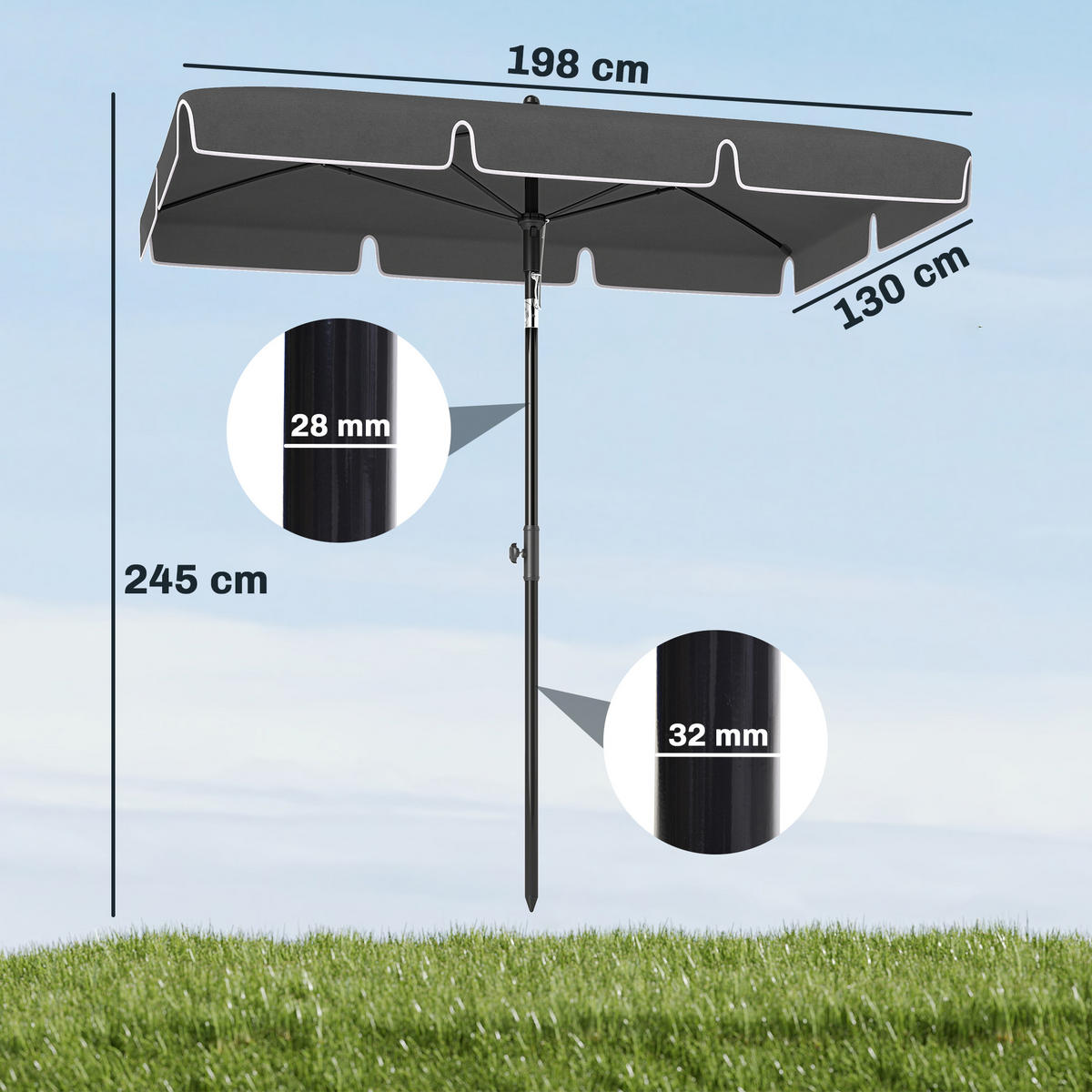 SONNENSCHIRM Grau 198/130 cm Knickbar - Grau, Metall (198/130cm) - PANGIVO