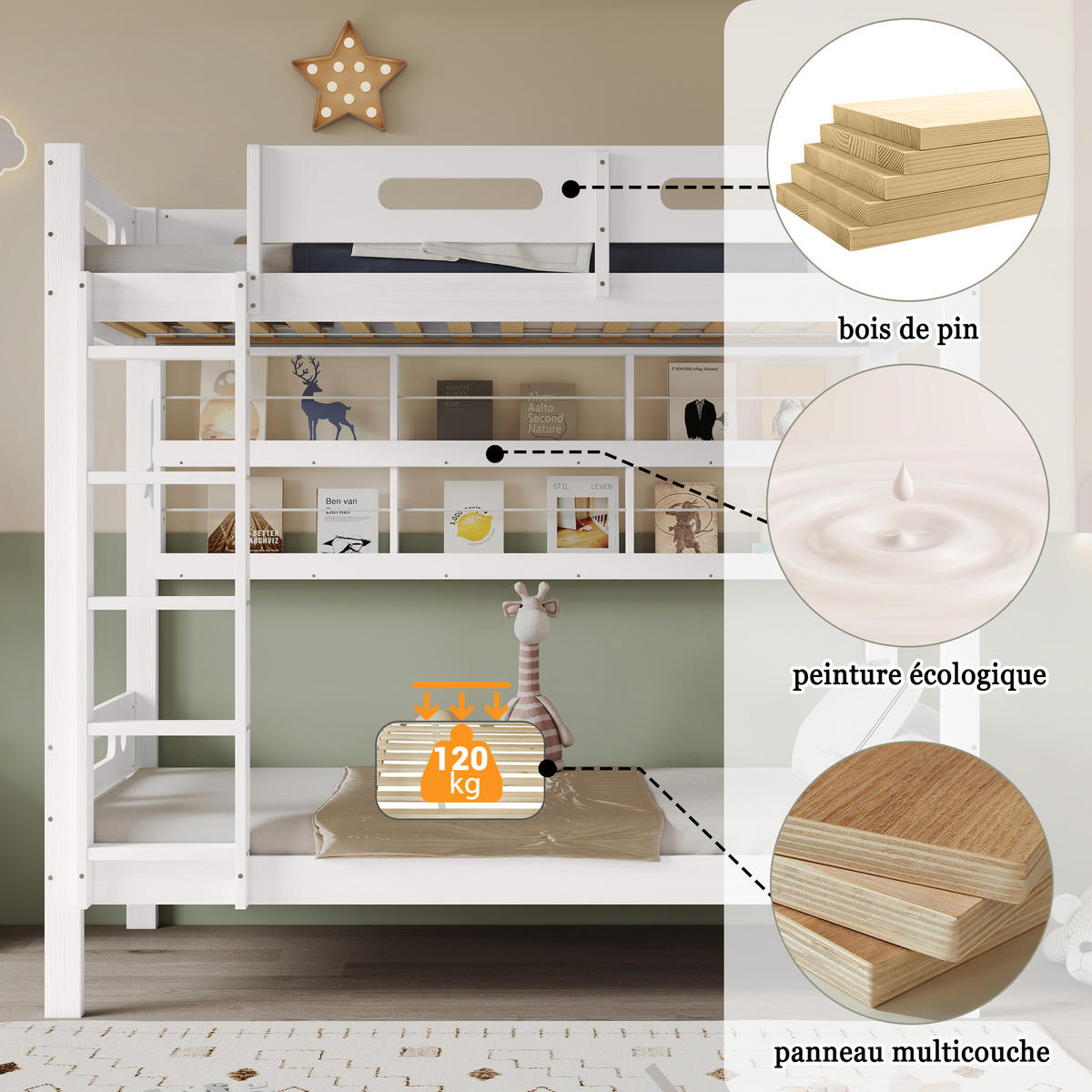 ETAGENBETT Kiefernholz Weiß 90/200 cm mit Leiter und Regalen - Naturfarben, Holz (90/200cm) - ComfortXL