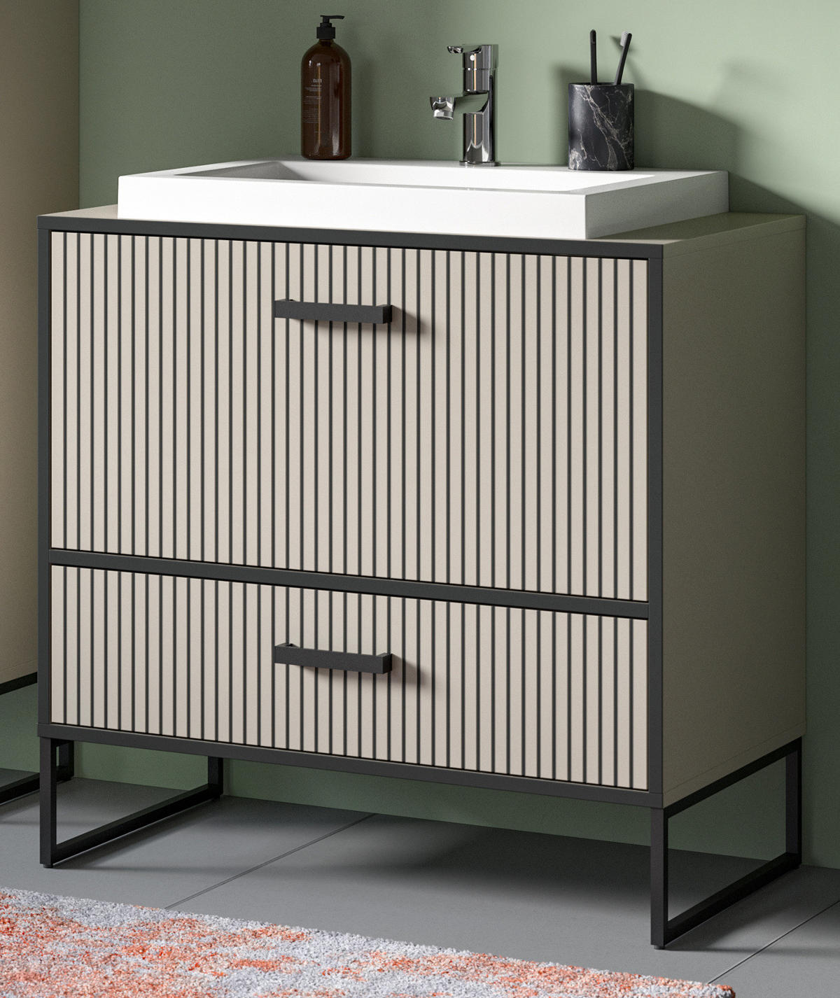 WASCHBECKENUNTERSCHRANK mit Waschbecken schwarz, sand 80 cm mit Soft-Close - Sandfarben/Schwarz, Keramik/Holzwerkstoff (80/84/48cm) - Inn.Furn
