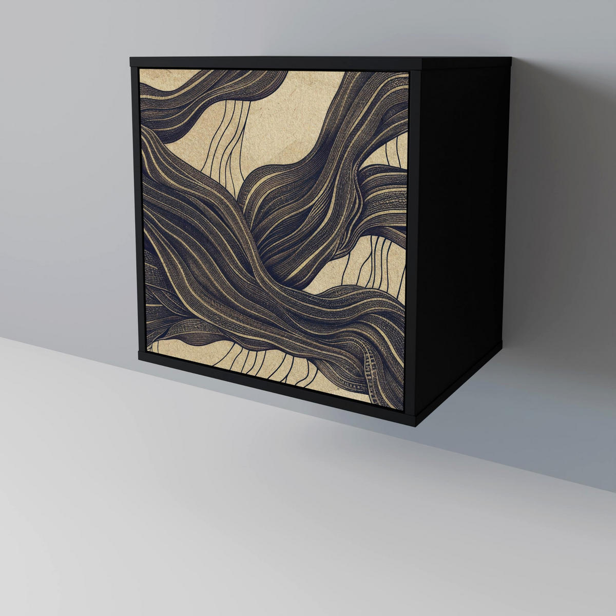 SIDEBOARD UNIFIED FRAGMENTS, Schwarz, 57,5x42x72,5 cm, Schwarze Metallfüße - Multicolor/Schwarz, Holzwerkstoff/Metall (57.5/72.5/42cm) - SpaceRebels