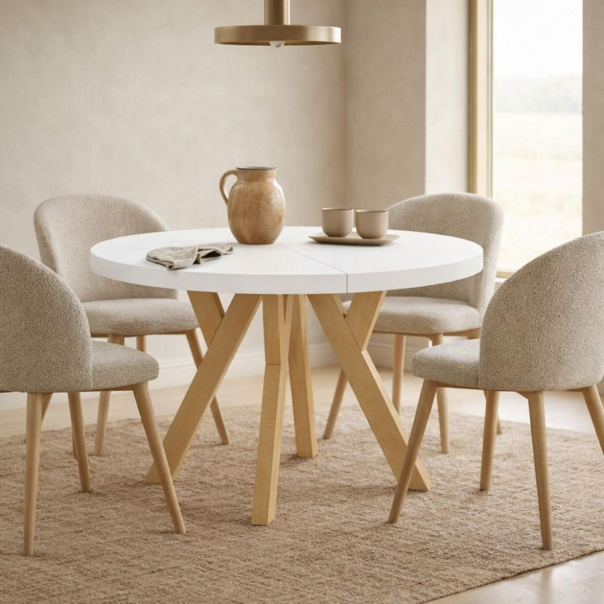 ESSTISCH Runder Ausziehbarer PERO 90/190, Weiß / Buche Natur - Buchefarben/Weiß, Holz (190/90/77cm) - Dekori_Interiors