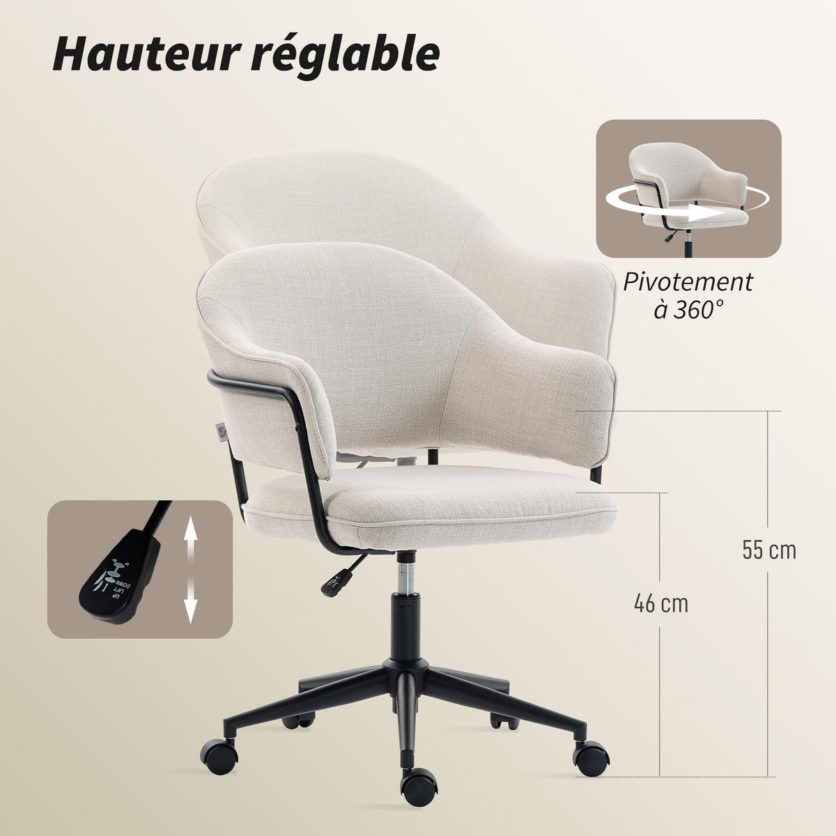 DREHSTUHL DE-11816 höhenverstellbar & 360° drehbar Creme - Weiß, Textil (63/92/65cm) - ComfortXL
