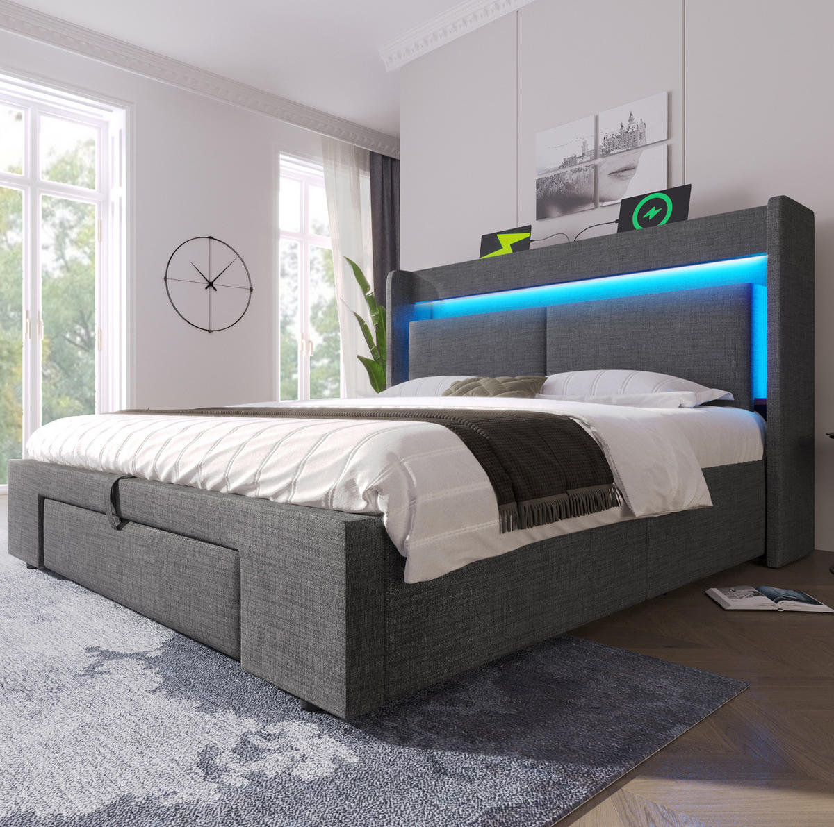 BETT mit Stauraum 140x200 cm Leinen Grau inklusive Matratze - Grau, Metall (140/200cm) - Meubliv