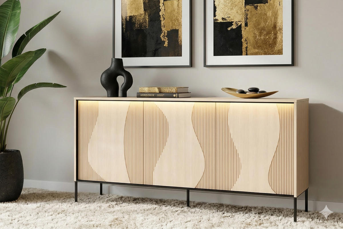 KOMMODE FAVOS 03 167/85/40 cm in Eiche Vincenza hell und Schwarz mit LED - Eichefarben/Schwarz, Holzwerkstoff (167/85/40cm) - Deine Möbel 24