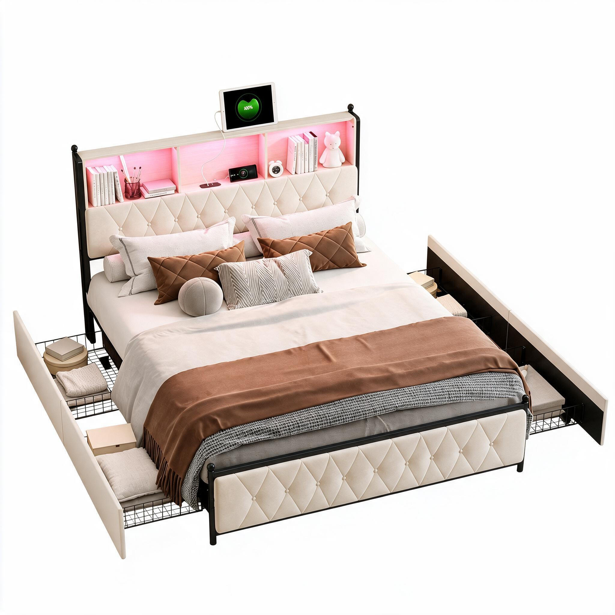POLSTERBETT 140/200 cm LED Schubladen Ladestation Samt Doppelbett - Beige, Holz (140/200cm) - PARAFTA HOME