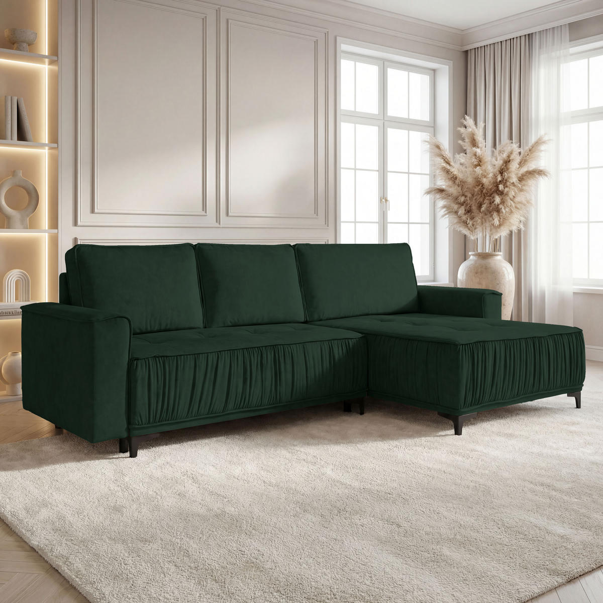 ECKSOFA Velora mit Schlaffunktion & Stauraum, Universell Rechts/Links, Dunkelgrün Samt 270/92/150 cm - Schwarz/Grün, Textil/Metall (270/150cm) - WFL GROUP