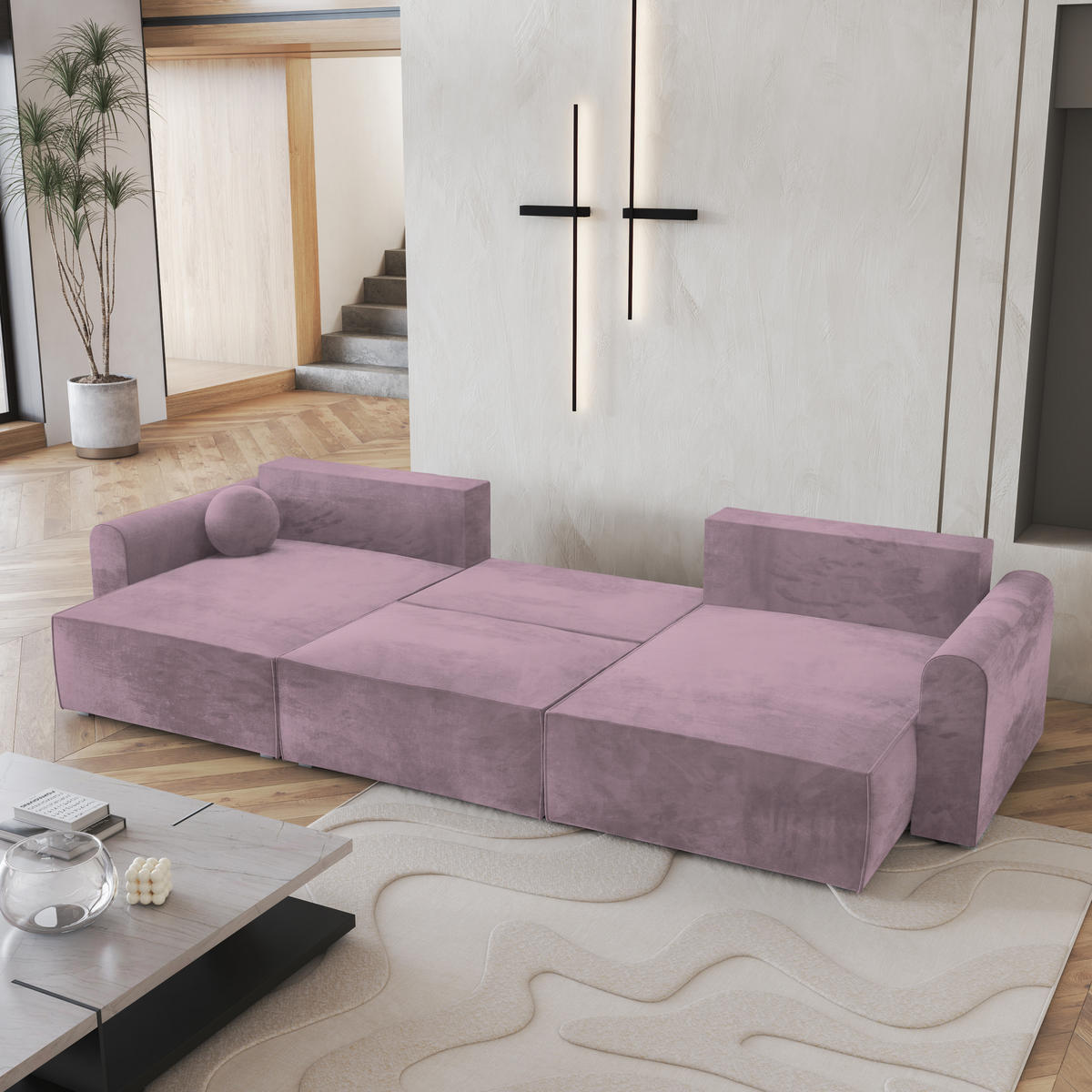 WOHNLANDSCHAFT FENTO M Lila Velours-Stoff mit Schlaffunktion - Lila, Holz (347/90/148cm) - MASSENO