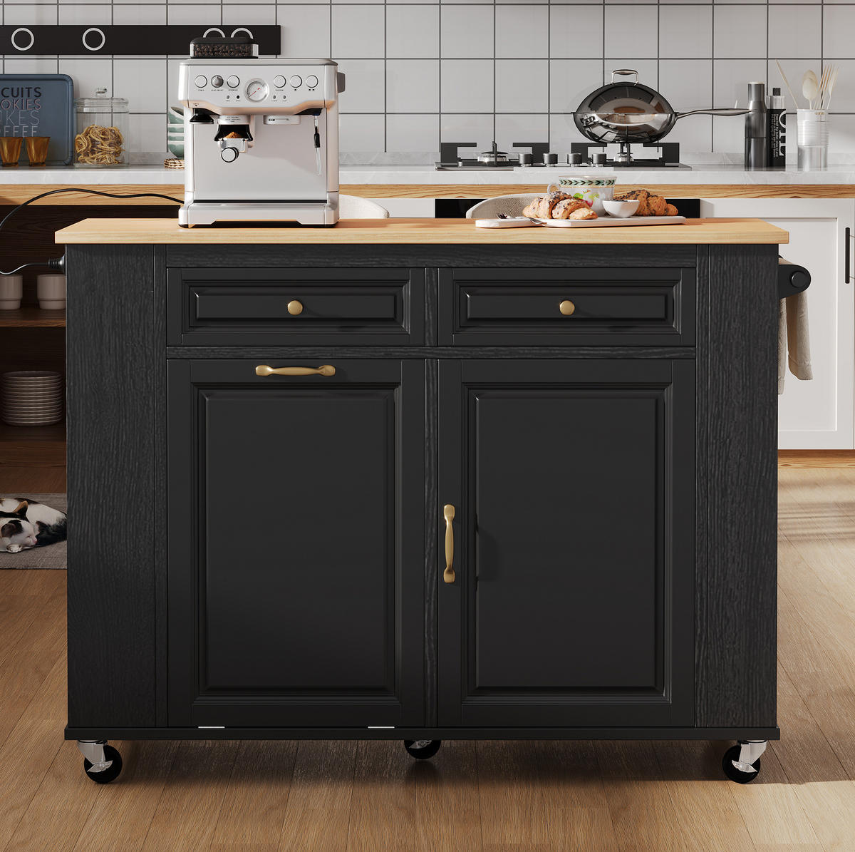KÜCHENINSEL aus MDF 120x40-70x92 cm Weiß/Natur mit Rollen & Steckdosenleiste - Schwarz, Holzwerkstoff (120/92/70cm) - Modfu