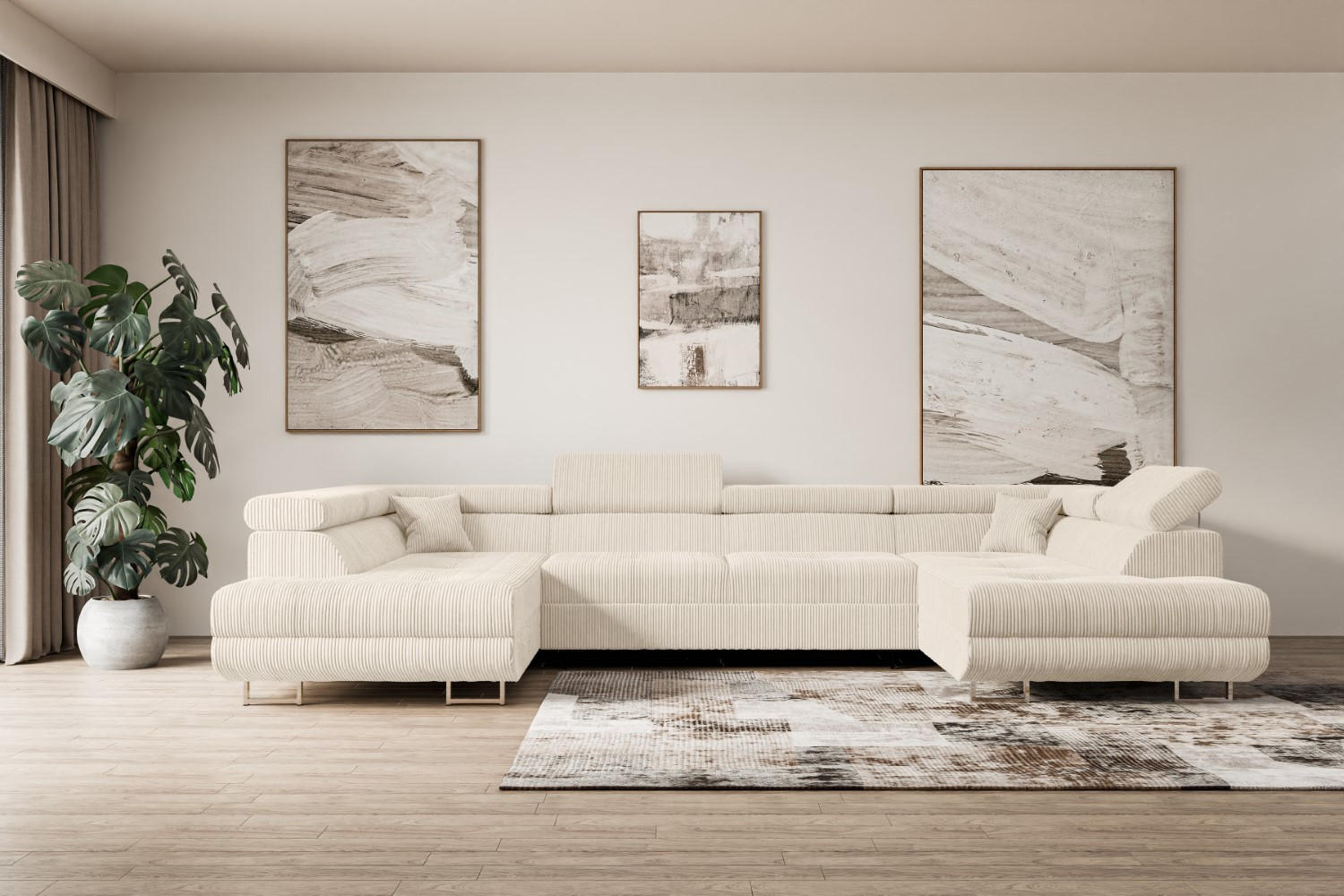 WOHNLANDSCHAFT mit Schlaffunktion und Bettkasten GUSA-U 342x202x107 cm Beige Cord - Beige/Silberfarben, Holzwerkstoff/Textil (342/107/202cm) - ALTDECOR