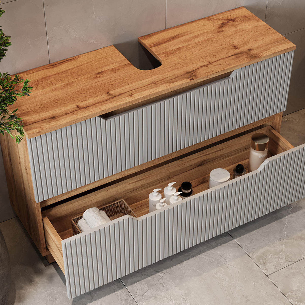 BADMÖBEL-SET Lotta Eiche/grau gestreift 3 Teile - Eichefarben/Grau, Holzwerkstoff (99.4/62.5/32cm) - Vicco