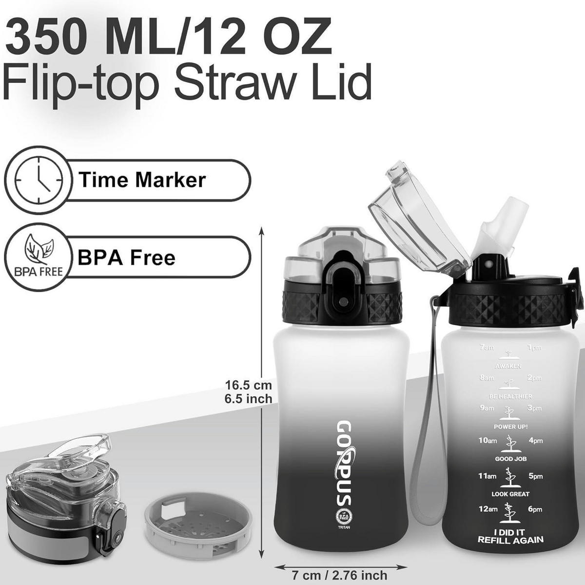 TRINKFLASCHE 350 ml mit Strohhalm und Zeitmarkierung - Schwarz, Kunststoff (6.5/6.5cm)