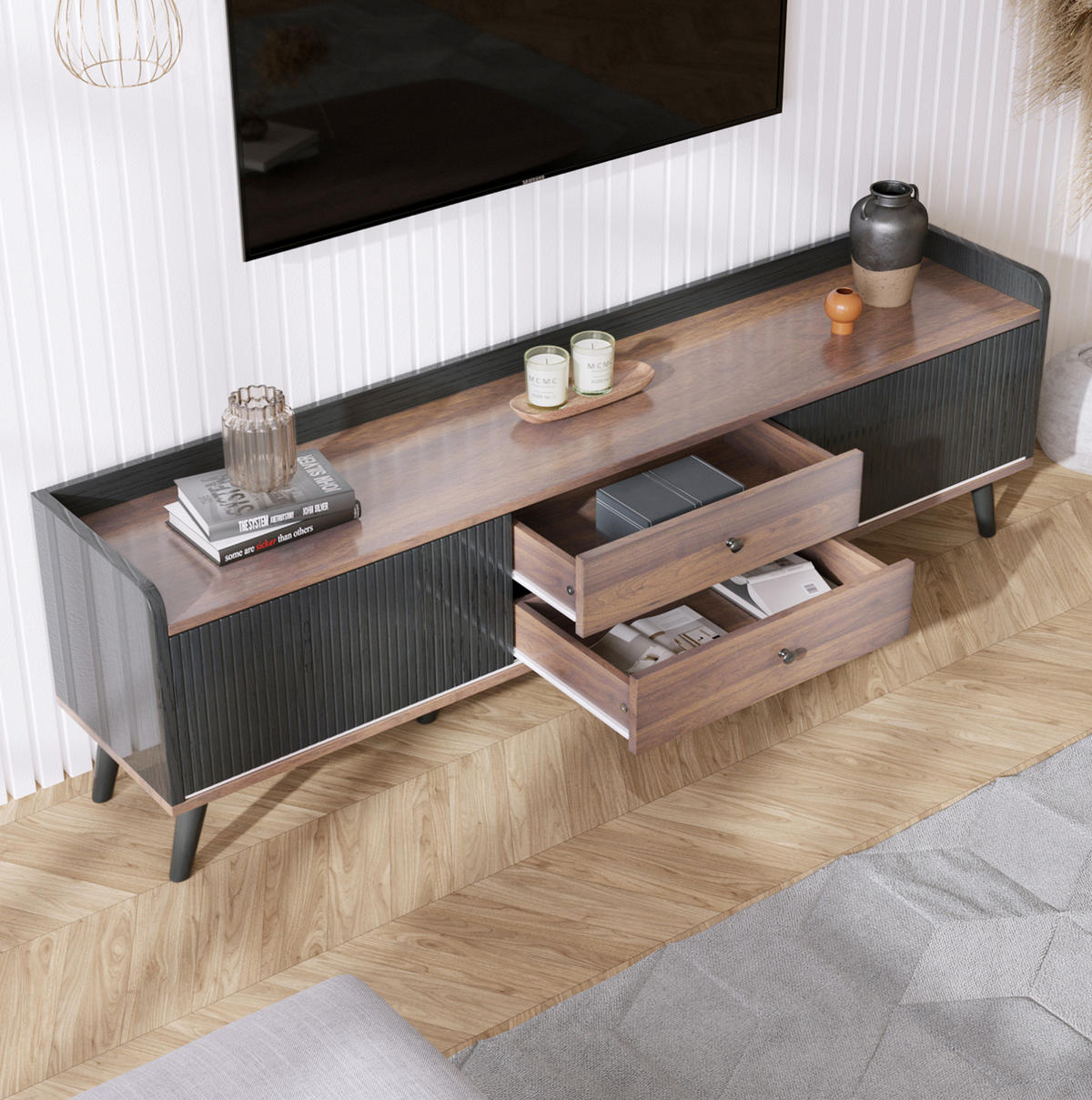 TV-LOWBOARD mit 2 Schiebetüren und 2 Schubladen 160 cm Schwarz - Schwarz, Holzwerkstoff (40/58/160cm) - Beauniv