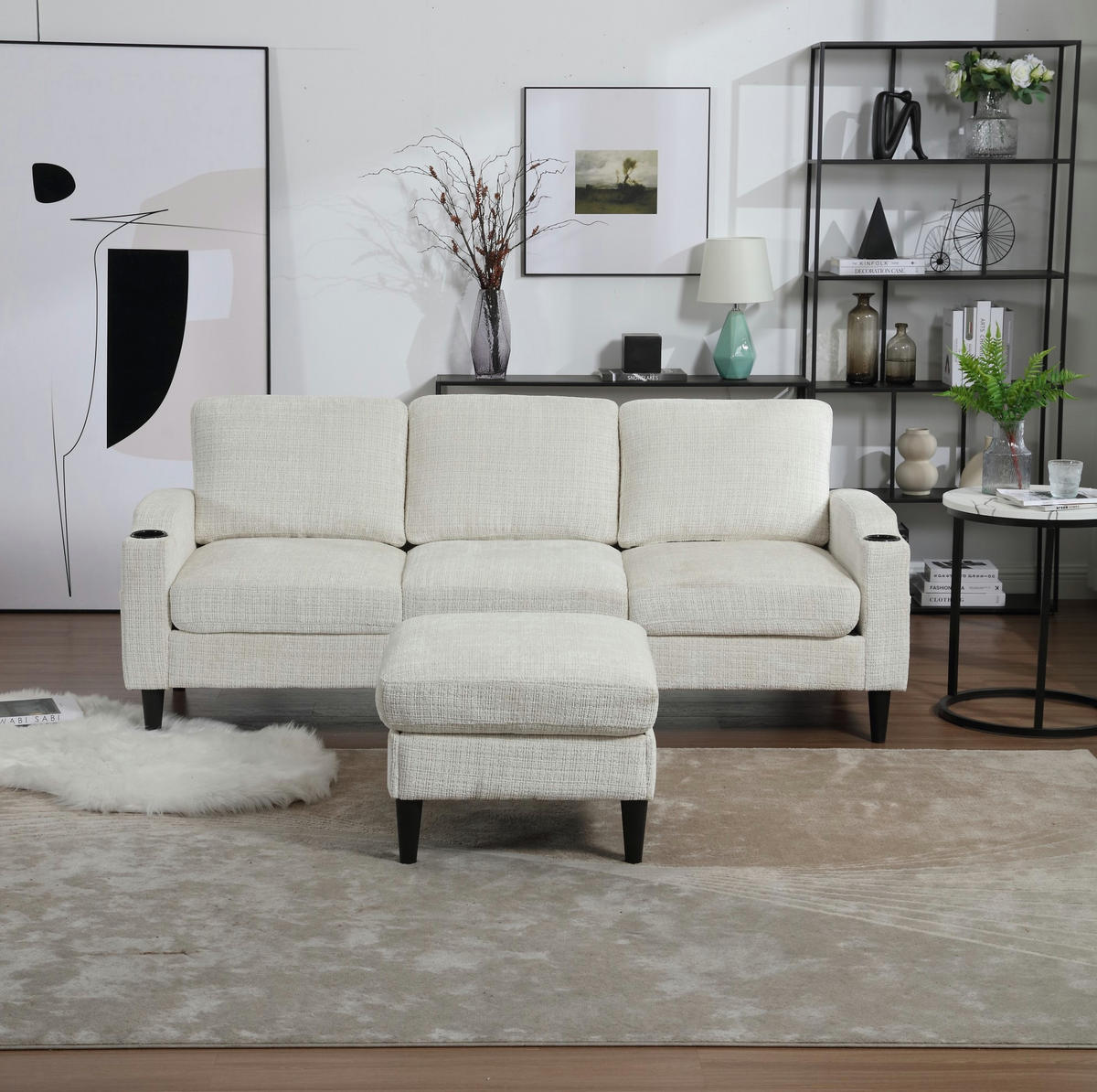 SOFA 4-Sitzer mit Hocker und Stauraum 196,5 x 75 x 77 cm Beige - Beige, Kunststoff (196.5/77/75cm) - Meubliv