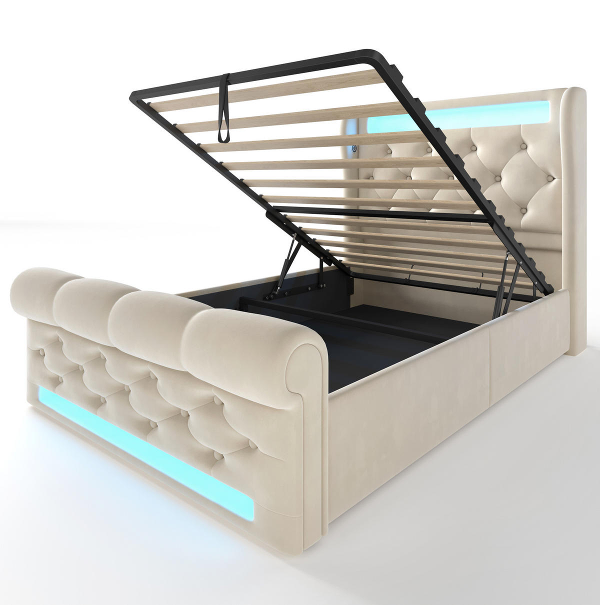 ČALOUNĚNÁ postel 90/200 cm béžová ze sametu s LED osvětlením a úložným prostorem - béžová, textil (90/200cm) - OKWISH