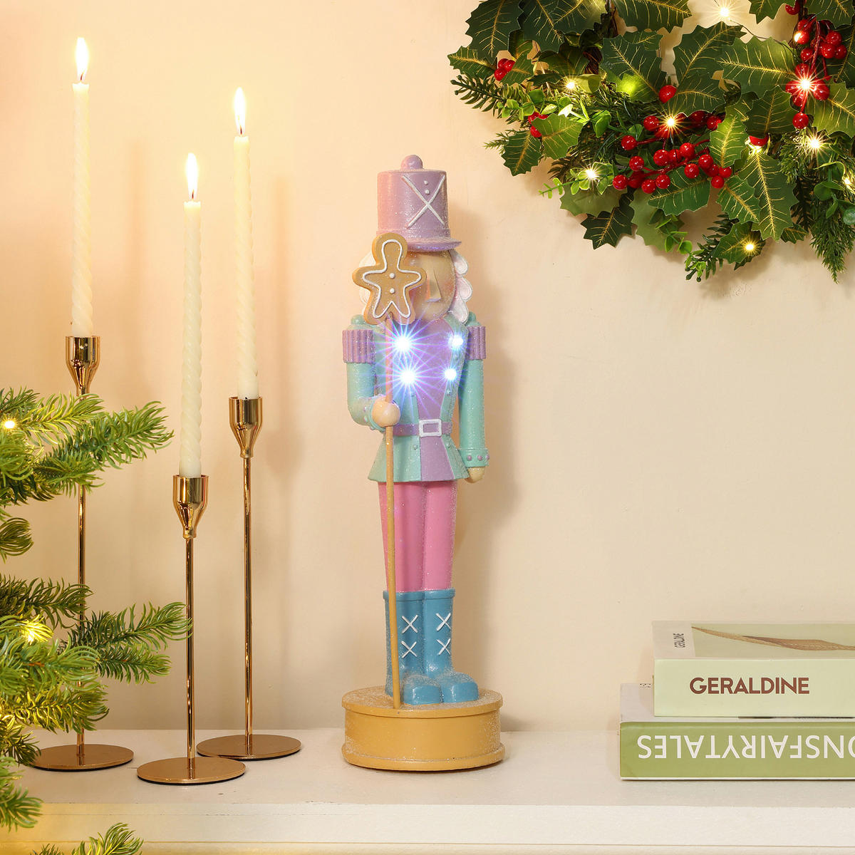 NUSSKNACKER Figur mit LED B13 x T12 x H45 cm - Pink, Naturmaterialien (12/45/13cm) - Hometopia