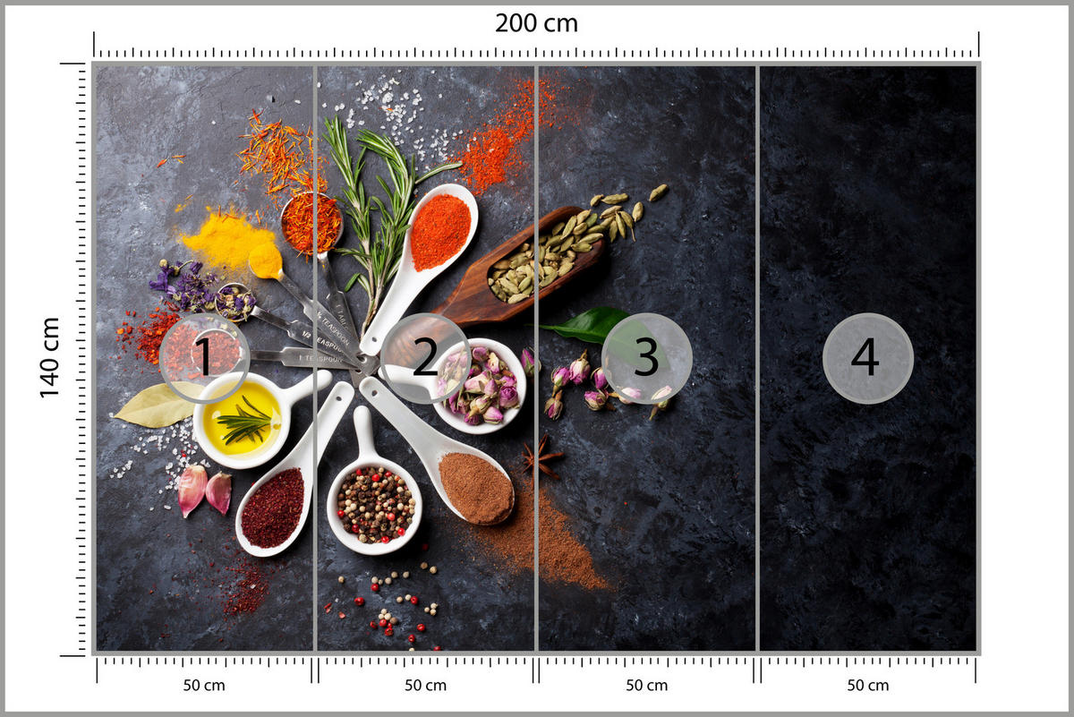 FOTOTAPETE für Küche Orientalische Kräuter Gewürze Löffel 200x140 - Gelb/Rot, Papier (200/140cm) - Muralo