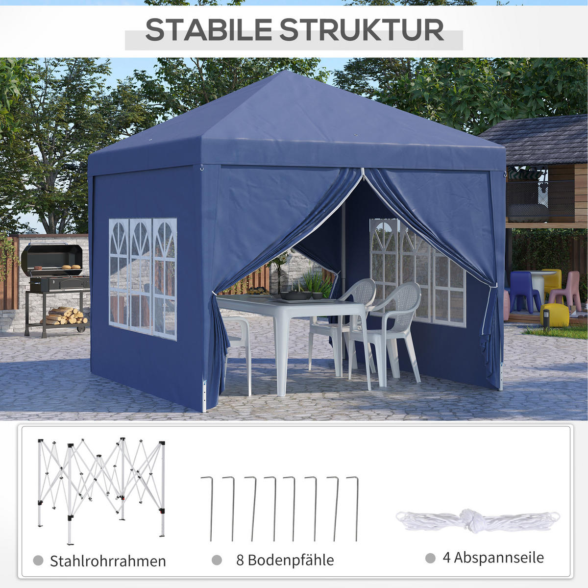 PAVILLON mit 4 Seitenwänden, Oxfordstoff, Stahl, Blau - Blau, Metall (2.95/2.58/2.95cm) - Outsunny