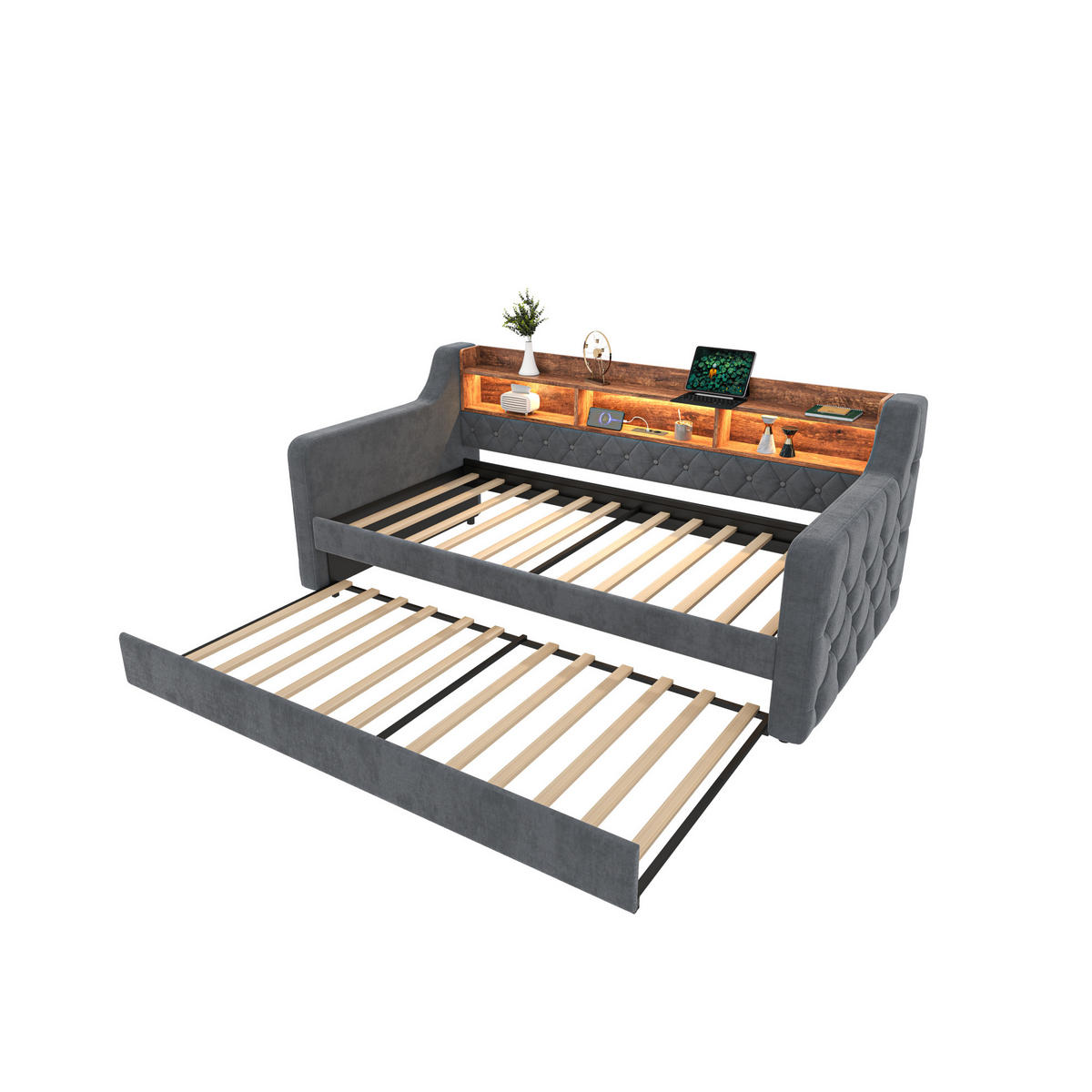 POLSTERBETT 90/180x190 cm aus Samt in Dunkelgrau mit LED und USB- und Type-C-Anschlüssen - Dunkelgrau, Textil (90/190cm) - Flora Grace