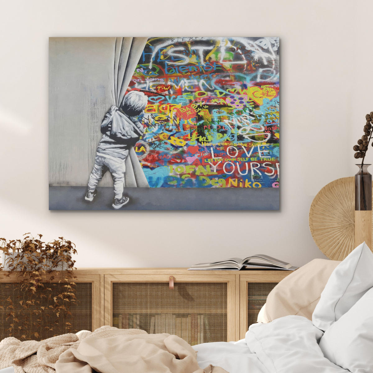 AKUSTIKBILD Graffiti - Junge - Ilussie - Straßenkunst Gemälde 80x60 cm - Hellgrau, Textil (80/60/0.9cm) - MuchoWow